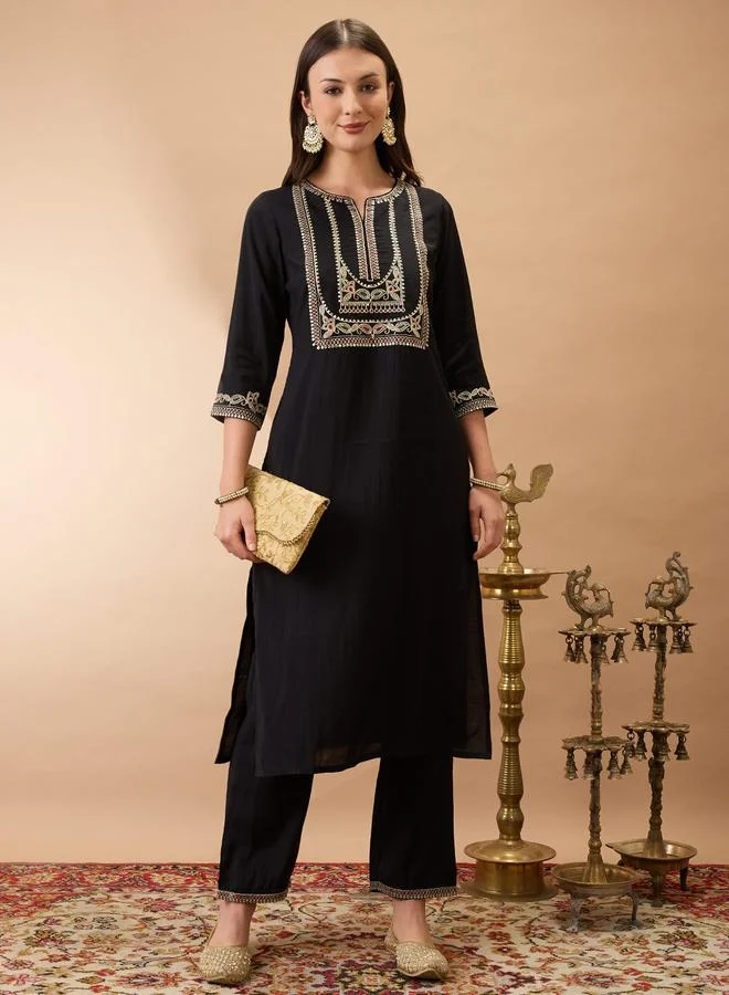 globus Zari Embroidered Yoke Straight Kurta and Pants Festive Set