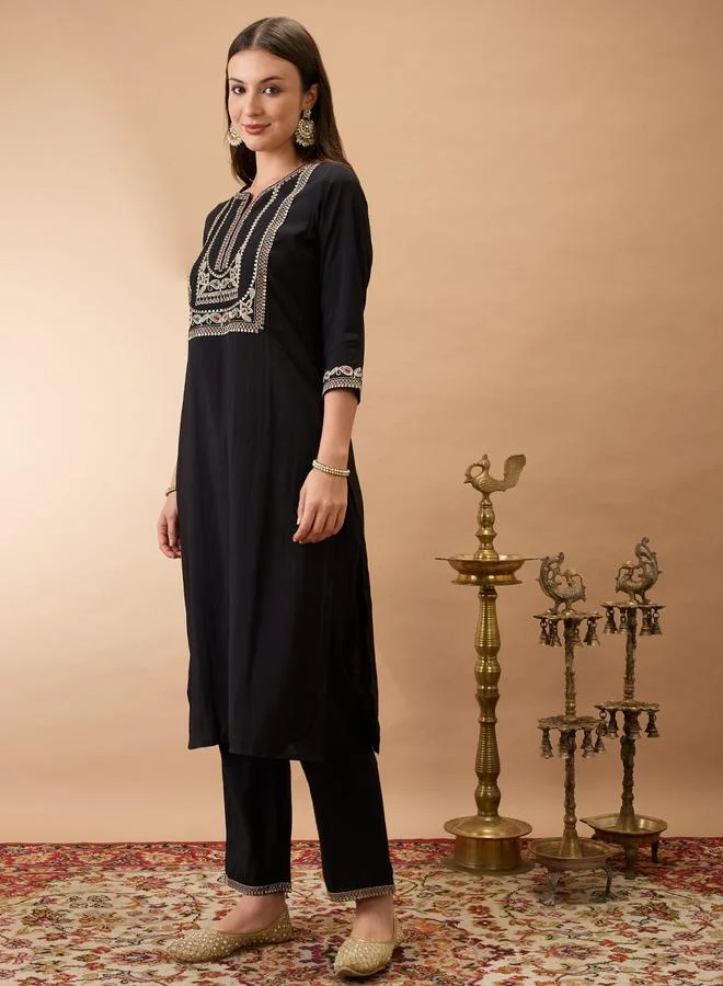 globus Zari Embroidered Yoke Straight Kurta and Pants Festive Set