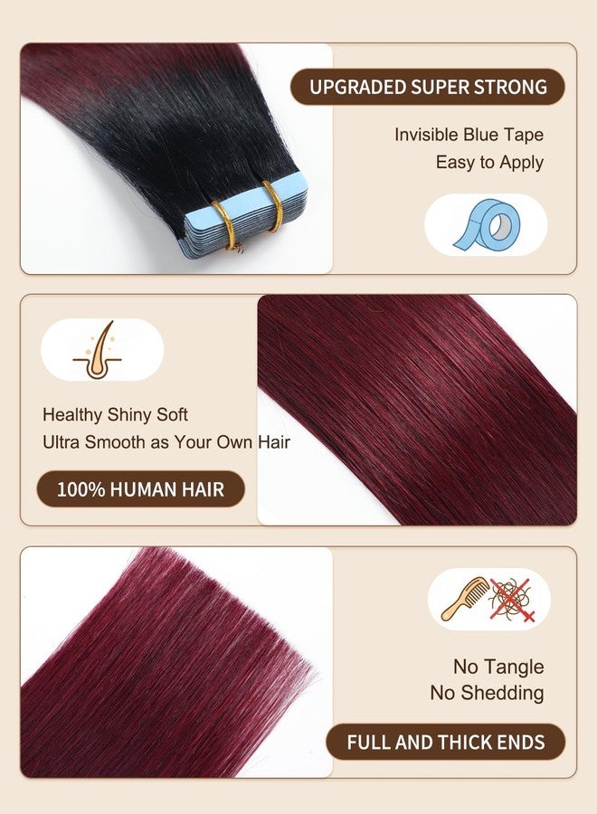 YILITE 18inch Ombre T1/99J Tape in Hair Extensions Human Hair Jet Black to Red Ombre 20pcs 50g Tape in Human Hair, Natural Hair Extensions by YILITE(18inches T1/99J) - Image 2