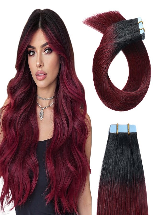 YILITE 18inch Ombre T1/99J Tape in Hair Extensions Human Hair Jet Black to Red Ombre 20pcs 50g Tape in Human Hair, Natural Hair Extensions by YILITE(18inches T1/99J) - Image 1