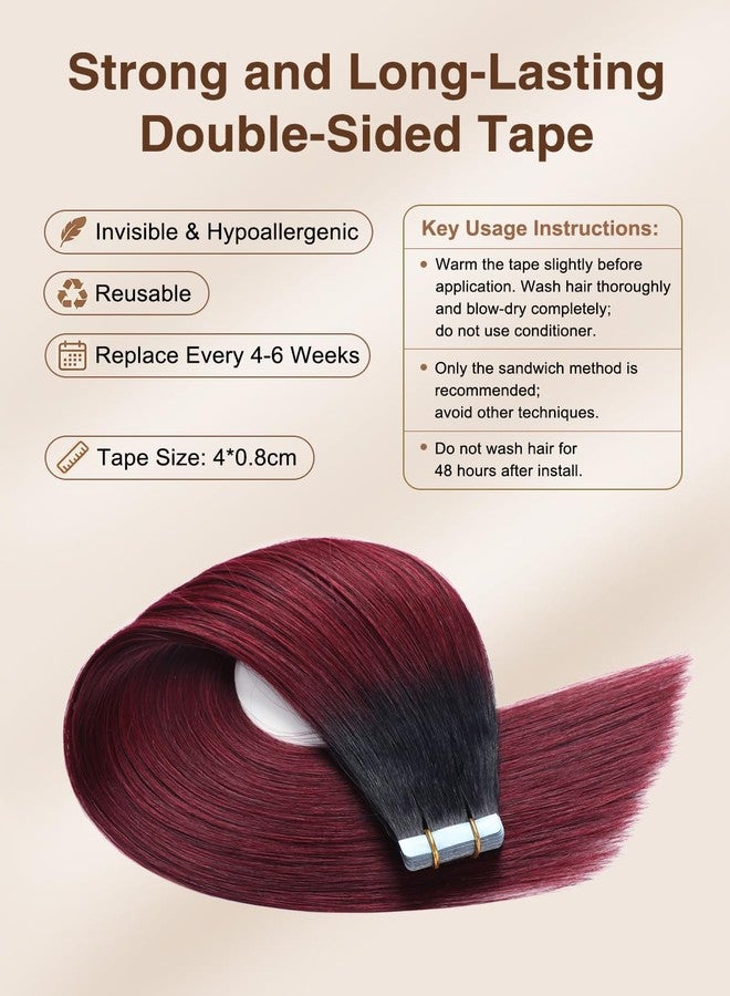 YILITE 18inch Ombre T1/99J Tape in Hair Extensions Human Hair Jet Black to Red Ombre 20pcs 50g Tape in Human Hair, Natural Hair Extensions by YILITE(18inches T1/99J) - Image 4