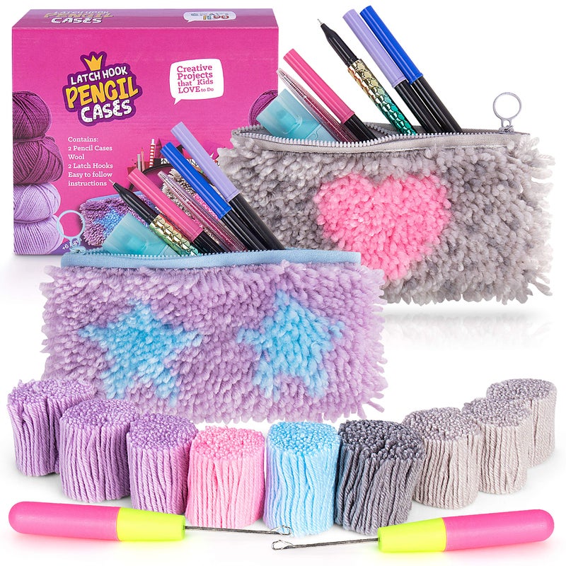 CRAFTILOO DIY 2 Rug Pencil Cases Latch Hook Kits for Kids Sewing Set for Girls Beginners Latchkits Ages 8-12 - Image 1