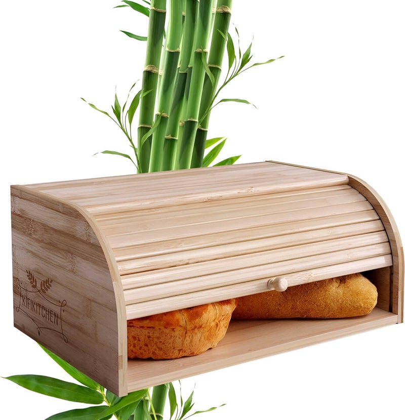 Genaric Bamboo Bread Box - Space Saving Rustic Roll Design for Countertop Storage of Bread, Cakes, Bakery Goods with Unique Cloth Bag and Shelf - 15 x 9.8 Inches