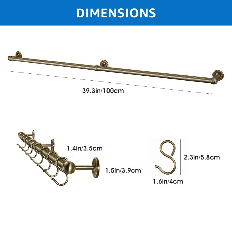 ROTHLEY Hanging Pot Rack Hanger: 39.4 Inch Stainless Steel Pot and Pan Hanger Pot Rack Wall Mounted Hanging Pots and Pans Rack Pot Hangers for Kitchen Wall Kitchen Rail with Hooks (Antique Brass) - Image 2