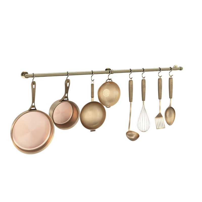 ROTHLEY Hanging Pot Rack Hanger: 39.4 Inch Stainless Steel Pot and Pan Hanger Pot Rack Wall Mounted Hanging Pots and Pans Rack Pot Hangers for Kitchen Wall Kitchen Rail with Hooks (Antique Brass) - Image 1