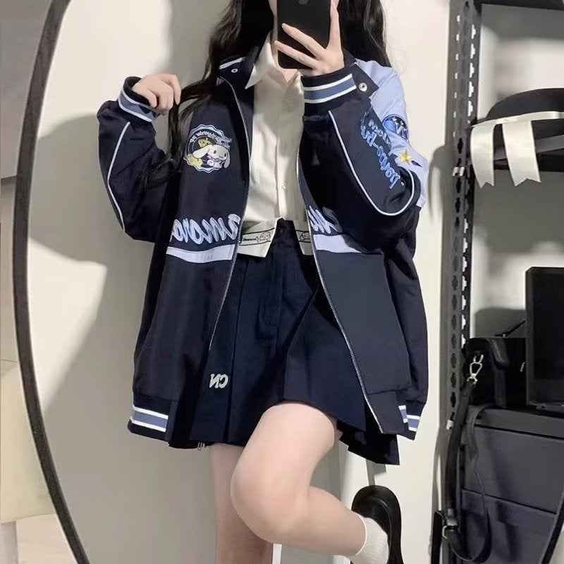 American Retro Loose Black Jacket Baseball Suit Coat Womens Spring and Autumn 2023 New oversize Top W1818 Blue 