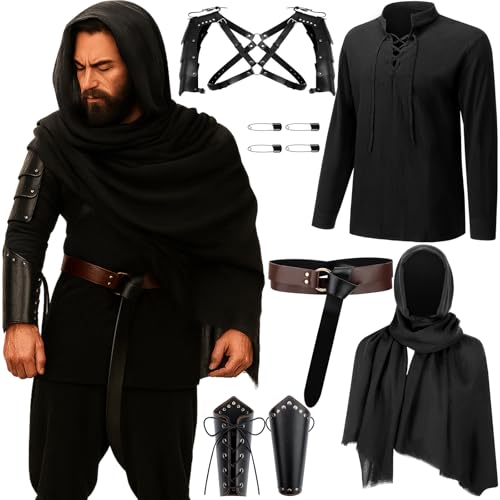 Leumoi 5 Pcs Mens Renaissance Costume Set Medieval Pirate Shirt Viking Shawl Belt Shoulder Armor Halloween Cosplay(X-Large) - Image 1