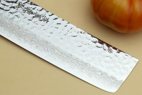Yoshihiro VG10 46 Layers Hammered Damascus Nakiri Japanese Vegetable Knife 6.5'' (165mm) Ambrosia Handle - Image 5