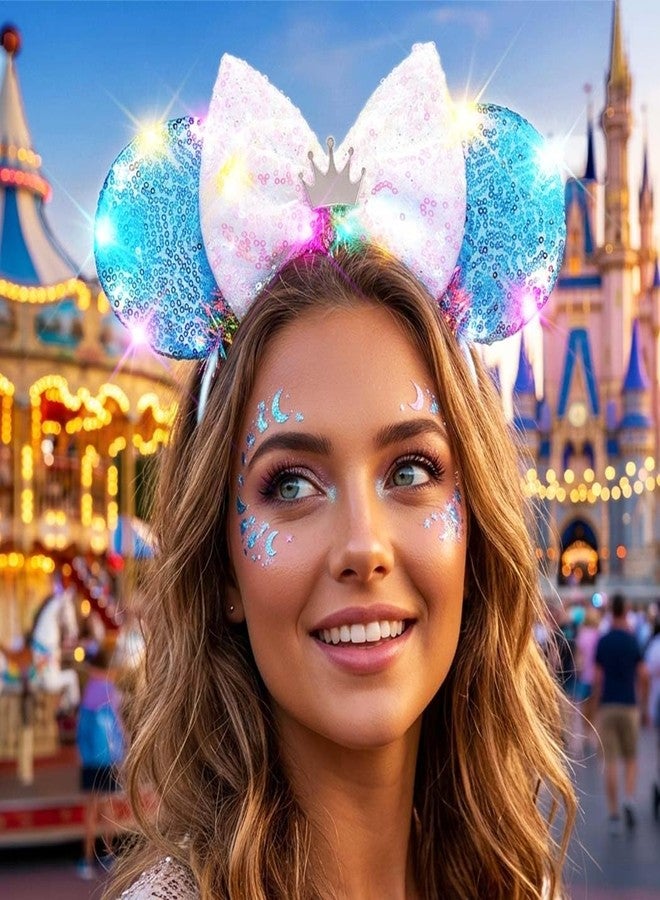 يونيكرا طوق رأس مضيء من يونيكرا بتصميم آذان فأر، تيجان، إكسسوارات شعر مزينة بالترتر للنساء والفتيات (أزرق فاتح - تاج) - Image 3
