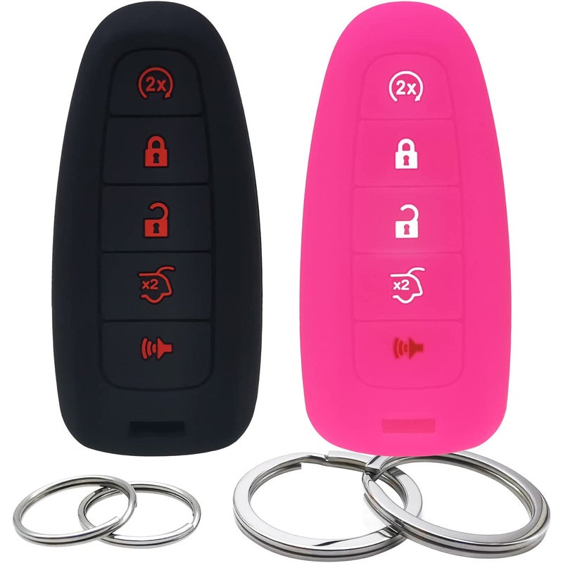 2Pcs Silicone 5 Buttons Key Fob Cover Remote Case Keyless Protector Compatible with Ford CMax Edge Escape Expedition Explorer Flex Focus Taurus Lincoln MKS MKT MKX Navigator Black Hot Pink