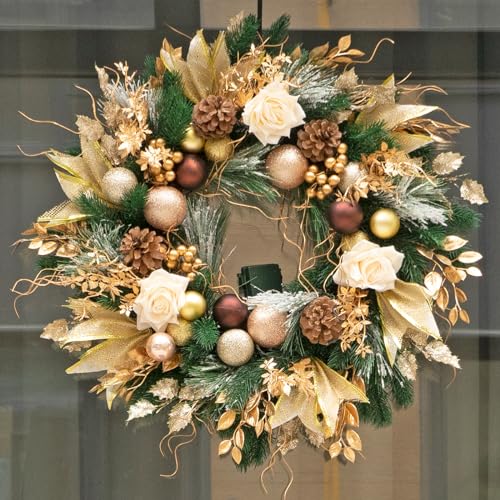 Christmas Wreaths for Front Door with Lights PreLit 24 Inch Champagne Gold Door Wreath with Ball Ornaments Rose Battery Operated Holiday Thanksgiving Christmas Wreath Decor
