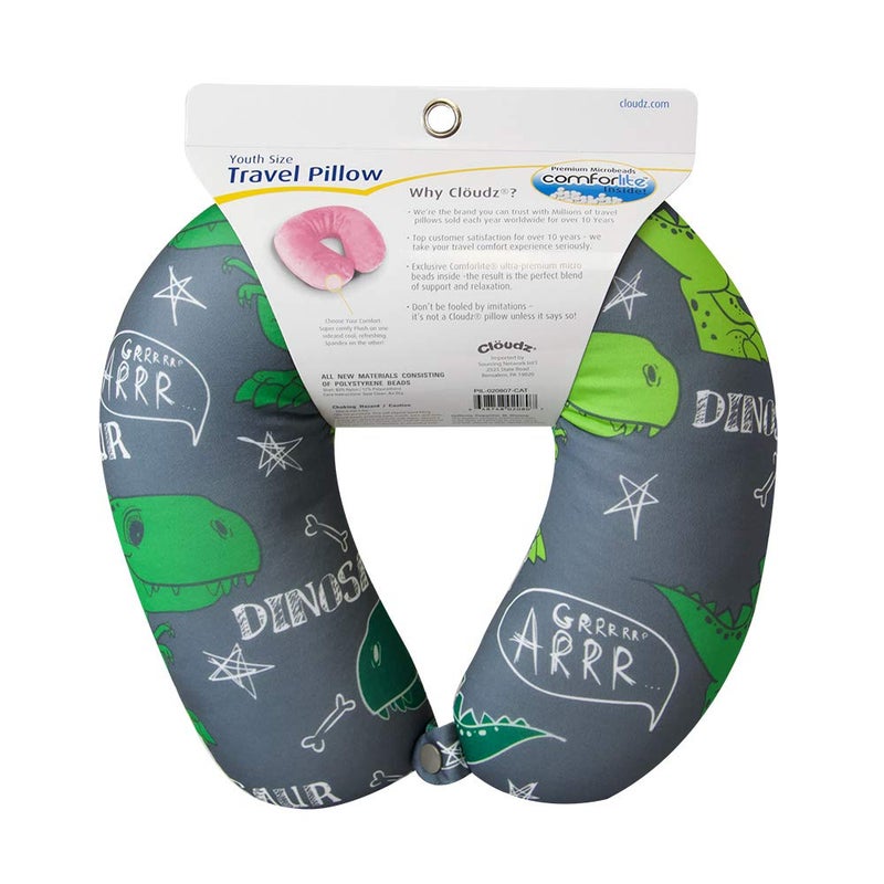 Cloudz Kids Patterned Microbead Airplane Travel Neck Pillow. Super Soft Cozy Cool Fabric and Ultra Premium Comforlite Microbeads will Keep your Kids Comfy and Supported at Home or On the Go! -Dinosaur - Image 2