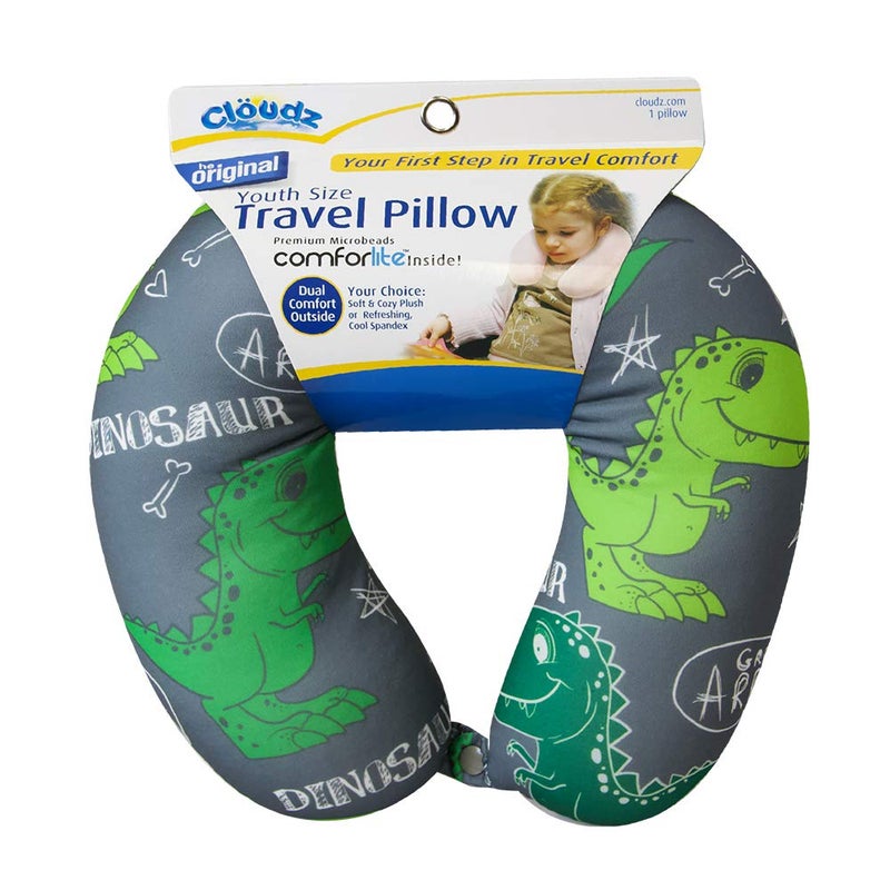 Cloudz Kids Patterned Microbead Airplane Travel Neck Pillow. Super Soft Cozy Cool Fabric and Ultra Premium Comforlite Microbeads will Keep your Kids Comfy and Supported at Home or On the Go! -Dinosaur - Image 1
