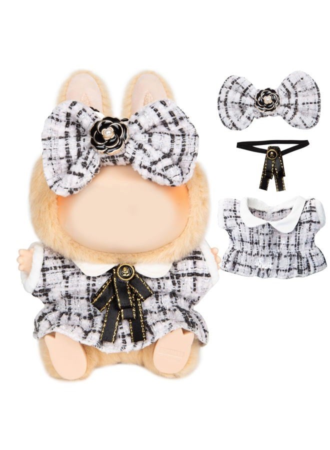CHICHO 17cm Doll Clothes for Labubu - Luxury Chic Style Set for 17cm Dolls, Premium Doll Outfit with Accessories - White Plaid Tweed Dress + Black Necktie + Plaid Bow (Clothes Only) - Image 1
