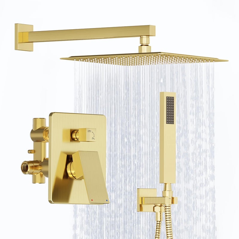 Kurpot Shower System Gold Shower Faucet Set with Shower Valve and Trim Kit 12 Inch Rain Shower Head with Handheld Spray Brushed Gold Shower Head and Handle Set High Pressure Shower Head System - Image 2