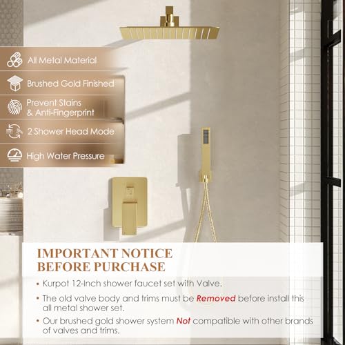 Kurpot Shower System Gold Shower Faucet Set with Shower Valve and Trim Kit 12 Inch Rain Shower Head with Handheld Spray Brushed Gold Shower Head and Handle Set High Pressure Shower Head System - Image 3