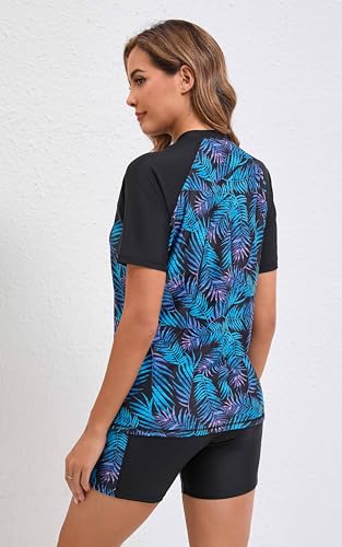 Halcurt Women's Two Piece Rash Guard Short Sleeve UPF 50+ Built in Bra Bathing Suit Black L - Image 2