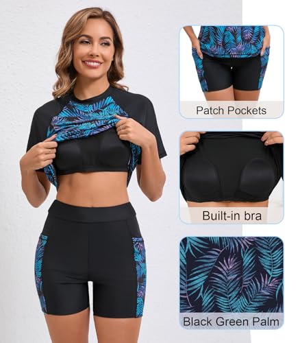 Halcurt Women's Two Piece Rash Guard Short Sleeve UPF 50+ Built in Bra Bathing Suit Black L - Image 5