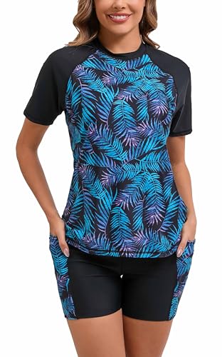 Halcurt Women's Two Piece Rash Guard Short Sleeve UPF 50+ Built in Bra Bathing Suit Black L - Image 1