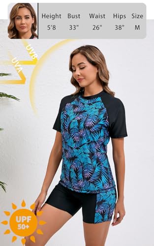 Halcurt Women's Two Piece Rash Guard Short Sleeve UPF 50+ Built in Bra Bathing Suit Black L - Image 4