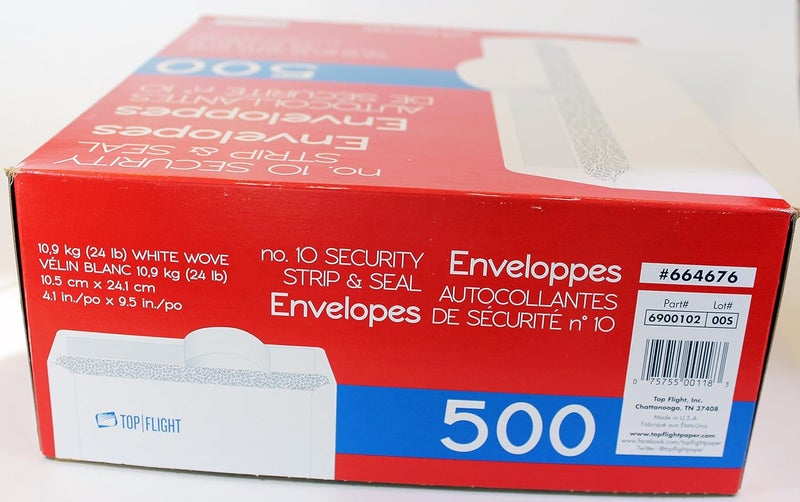 Top Flight PSTF10NWT #10 Envelopes, Strip & Seal, Security Tinted, White Paper, 24 lb, 500 Count - Image 2