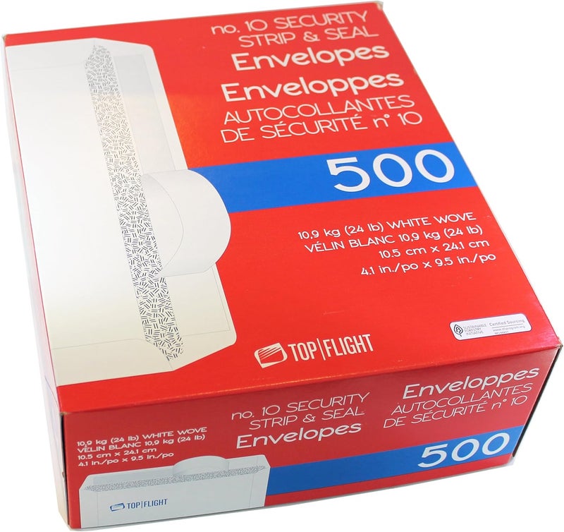 Top Flight PSTF10NWT #10 Envelopes, Strip & Seal, Security Tinted, White Paper, 24 lb, 500 Count - Image 1