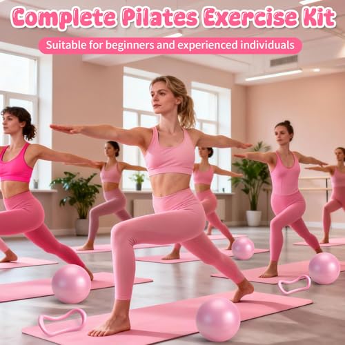 Fantspati Pilates Equipment Kit for Home Workouts - 18pcs Set- 14'' Pilates Ring and Ball Set for Women, Pilates/Yoga Accessories Kit with Wrist Weights, Resistance Bands, Core Sliders, Yoga Strap (pink) - Image 4