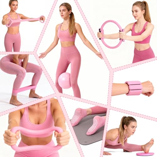 Fantspati Pilates Equipment Kit for Home Workouts - 18pcs Set- 14'' Pilates Ring and Ball Set for Women, Pilates/Yoga Accessories Kit with Wrist Weights, Resistance Bands, Core Sliders, Yoga Strap (pink) - Image 3