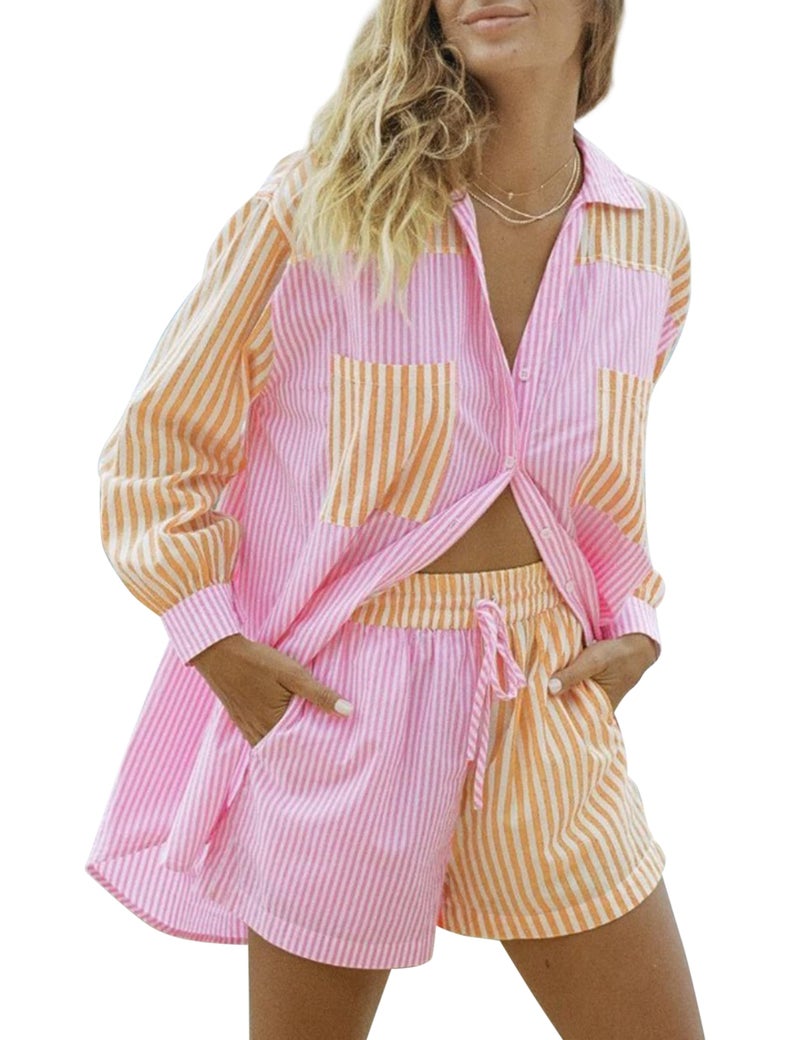 SAFRISIOR Womenâ€™s 2 Piece Casual Tracksuit Outfit Sets Stripe Long Sleeve Shirt And Loose High Waisted Mini Shorts Set (Small, Pink&Yellow, s) - Image 1