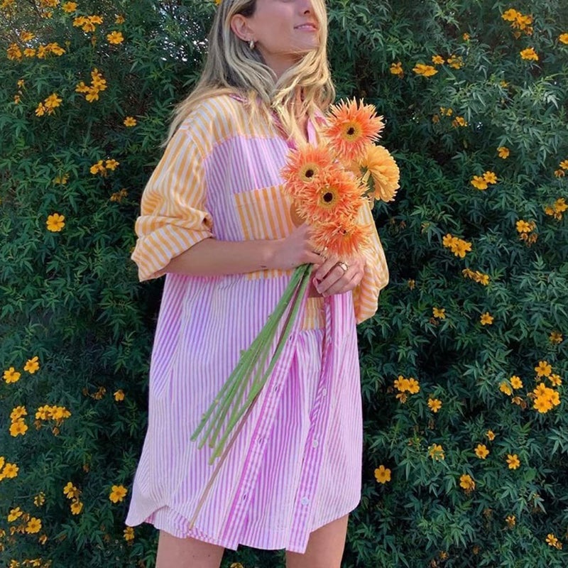 SAFRISIOR Womenâ€™s 2 Piece Casual Tracksuit Outfit Sets Stripe Long Sleeve Shirt And Loose High Waisted Mini Shorts Set (Small, Pink&Yellow, s) - Image 2