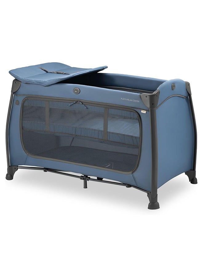 Hauck Play N Relax Centre Children's Travel Bed with Newborn Hanging, Changing Mat, Transport Bag, XL Slip, Small Foldable, Baby Travel Cot, Toddler from Birth to 15 kg - Dark Blue - Image 1