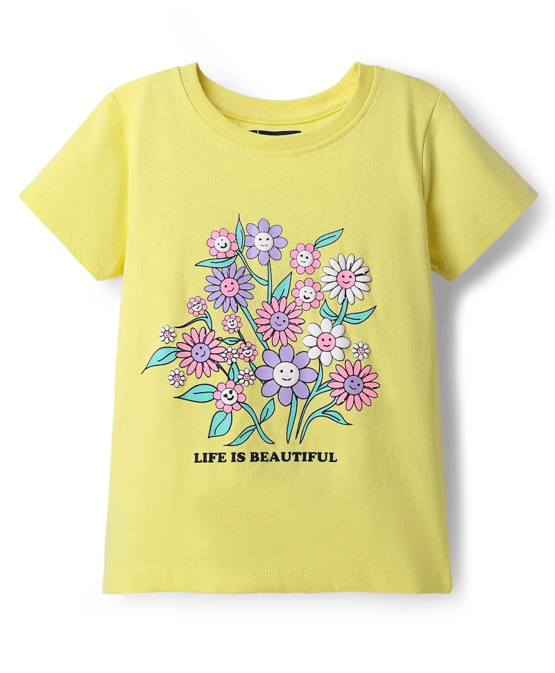 Pine Kids Pine Kids Cotton Knit Half Sleeves T-Shirt with Floral Print - Lemon