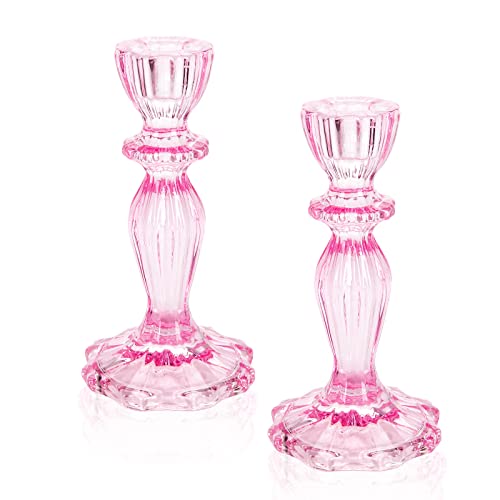 SHOWLOUE Glass Candle Holders, 2PCS Decorative Candle Stand Wide Base Candlestick Holder Table Centerpiece Decor for Wedding Festival Party Windowsill, Pink - Image 1