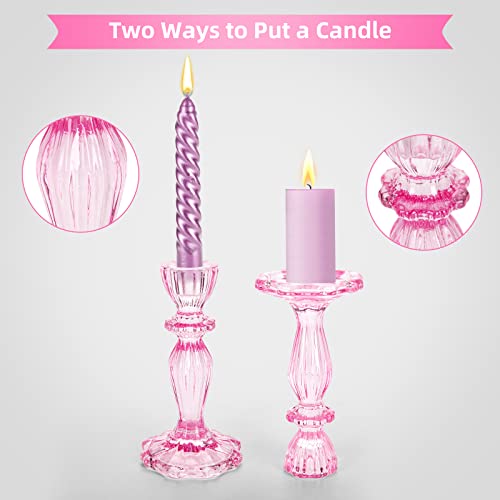 SHOWLOUE Glass Candle Holders, 2PCS Decorative Candle Stand Wide Base Candlestick Holder Table Centerpiece Decor for Wedding Festival Party Windowsill, Pink - Image 3