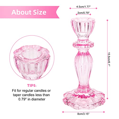 SHOWLOUE Glass Candle Holders, 2PCS Decorative Candle Stand Wide Base Candlestick Holder Table Centerpiece Decor for Wedding Festival Party Windowsill, Pink - Image 2