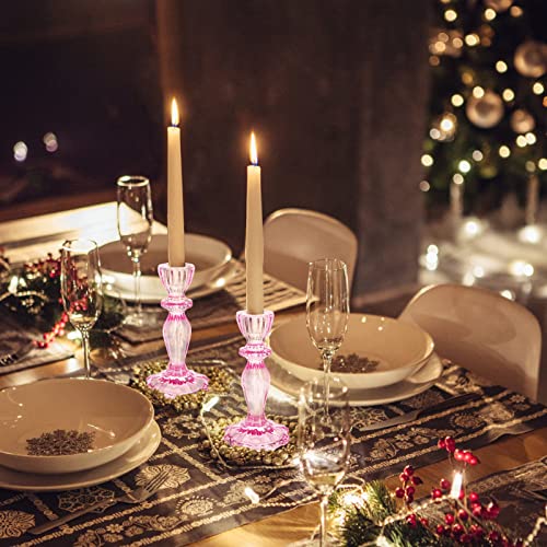 SHOWLOUE Glass Candle Holders, 2PCS Decorative Candle Stand Wide Base Candlestick Holder Table Centerpiece Decor for Wedding Festival Party Windowsill, Pink - Image 5