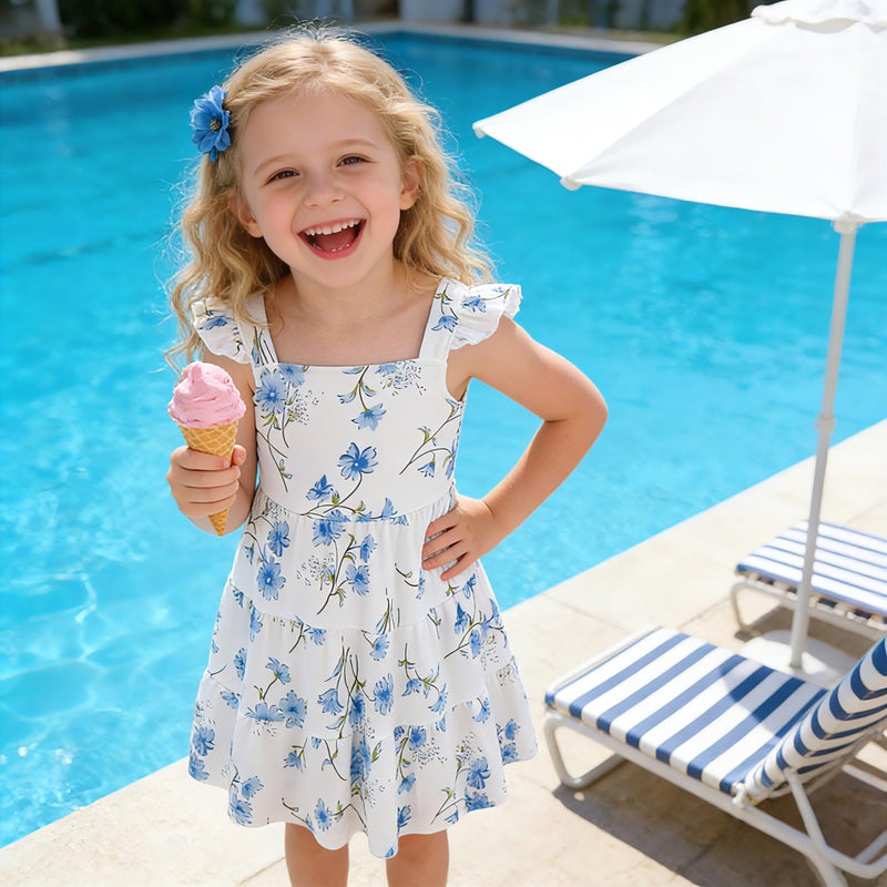 NUBEEHOHO Toddler Dress Blue Floral Girls Summer Outfits Flutter Sleeve Twirly Shirred Tiered Beach Boho Sundress Kids Smock Flower Dresses 18-24 Month/1539 - Image 5