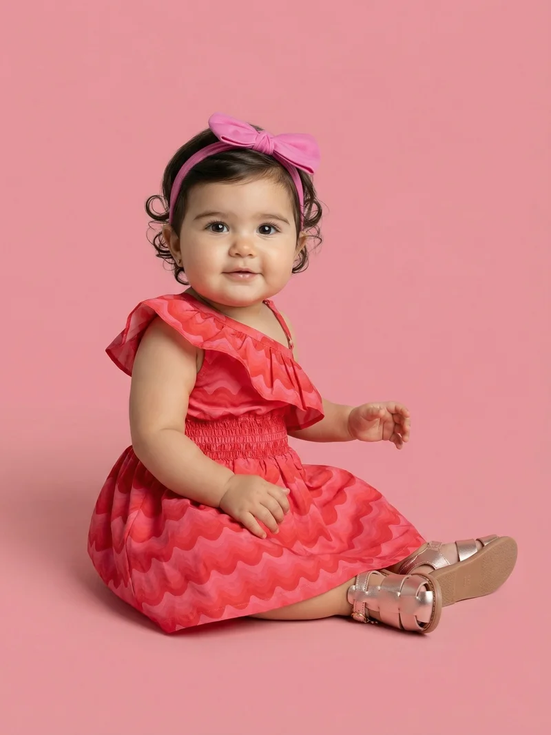 نوتيناتي Nautinati Baby Girls Fit & Flare Off-shoulder Dress with Red Gradient Wavy Horizontal Stripes