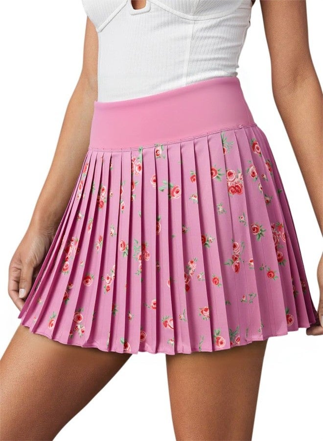 Fisoew Womens Floral Print Pleated Tennis Skirt High Waist Workout Athletic Mini Skirts with Pockets Inner Shorts Pink - Image 4