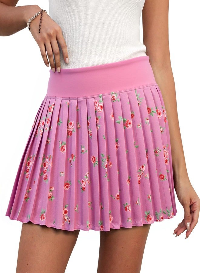 Fisoew Womens Floral Print Pleated Tennis Skirt High Waist Workout Athletic Mini Skirts with Pockets Inner Shorts Pink - Image 2