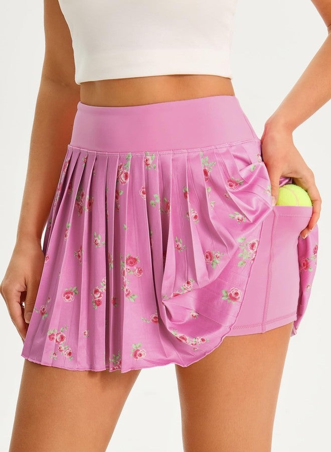 Fisoew Womens Floral Print Pleated Tennis Skirt High Waist Workout Athletic Mini Skirts with Pockets Inner Shorts Pink - Image 5