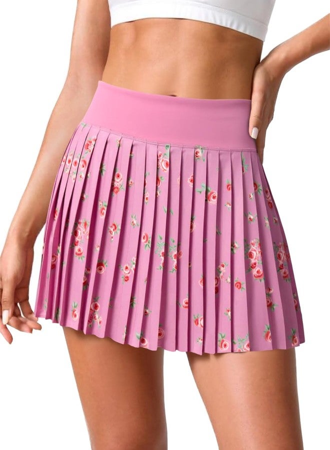 Fisoew Womens Floral Print Pleated Tennis Skirt High Waist Workout Athletic Mini Skirts with Pockets Inner Shorts Pink - Image 1