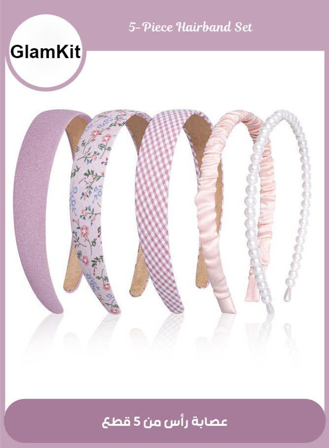 GlamKit 5 Pcs Headbands for Girls Women Headbands Trendy Non Slip Hairbands Lovely Hair Accessories Multi-style Pearl Headband Pack (Pink) - Image 1