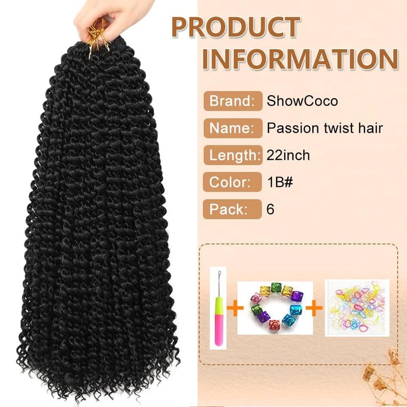 ShowCoco Passion Twist Hair 22 Inch Water Wave Crochet Hair for Black Women Long Bohemian Curly Passion Twist Braiding Hair for Butterfly Style Crochet Braids Spring Twists Hair Extensions(22inch,#1B) - Image 2