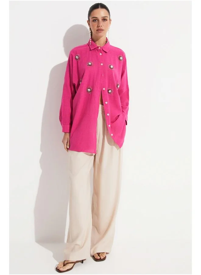 جون June Embroidered Detailed Loose Fit Shirt Fuchsia