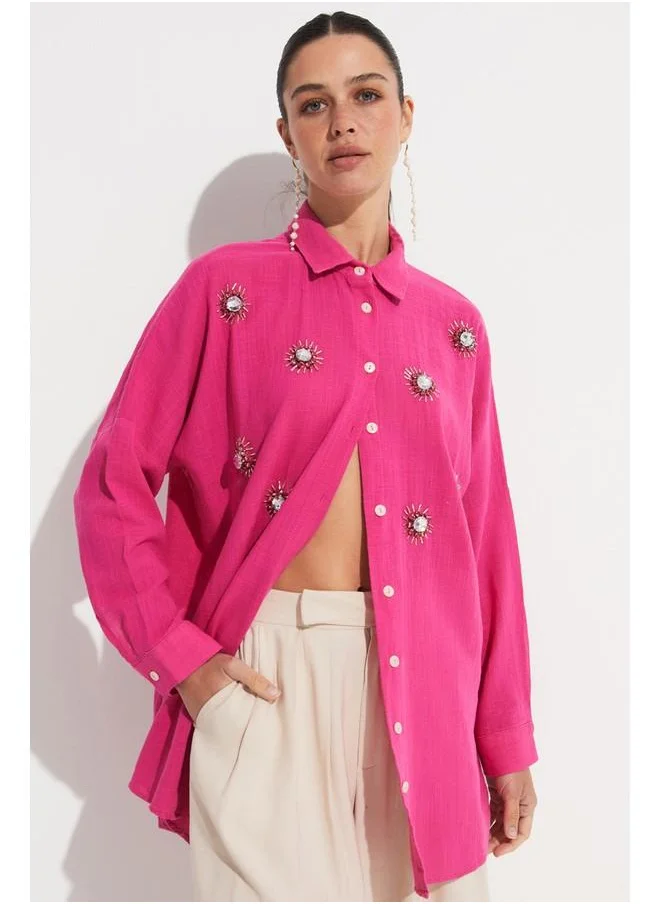 جون June Embroidered Detailed Loose Fit Shirt Fuchsia