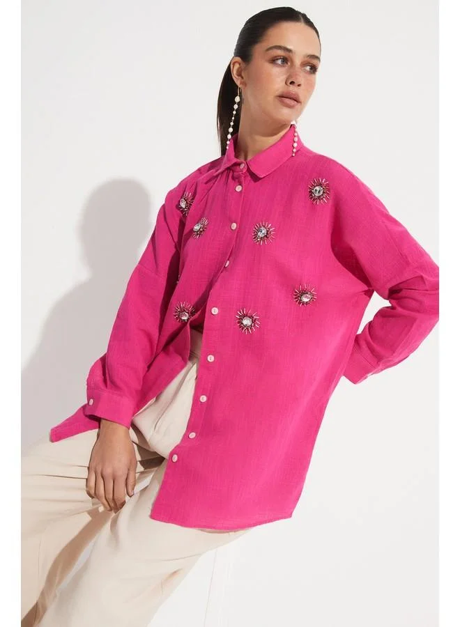 جون June Embroidered Detailed Loose Fit Shirt Fuchsia