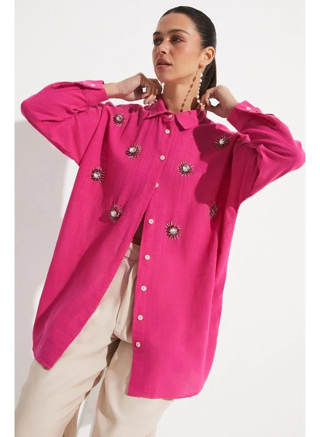 جون June Embroidered Detailed Loose Fit Shirt Fuchsia