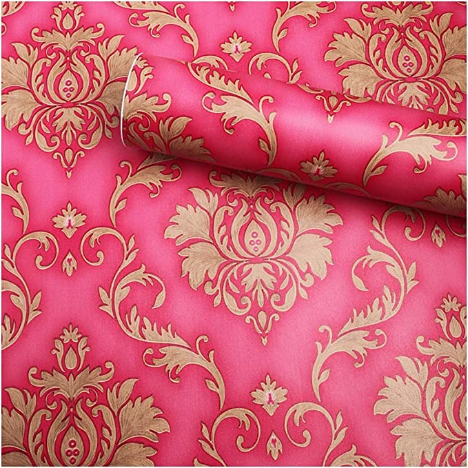 ELTON DIY Wall Paper/Wall Sticker Self Adhesive Red Highlighter Elegant Living Room Bed Room Decoration Furniture Make Over Interior Exterior Easily Removable(45X300 CM) Red Damask - Image 1