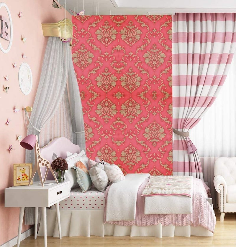 ELTON DIY Wall Paper/Wall Sticker Self Adhesive Red Highlighter Elegant Living Room Bed Room Decoration Furniture Make Over Interior Exterior Easily Removable(45X300 CM) Red Damask - Image 4